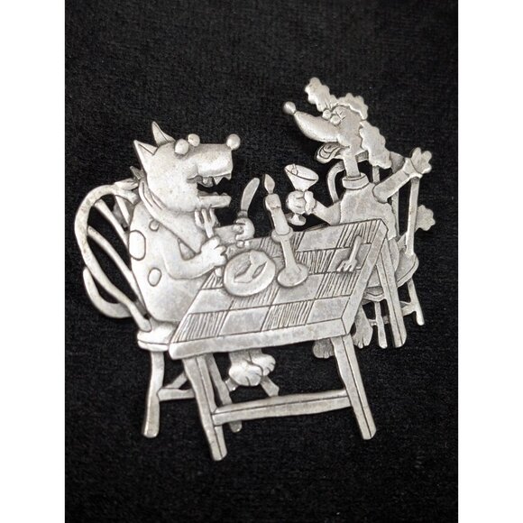 Vintage JJ Jonette Dog Dinner Date Pup Poodle Silver Tone Couple Candelight - Picture 1 of 8